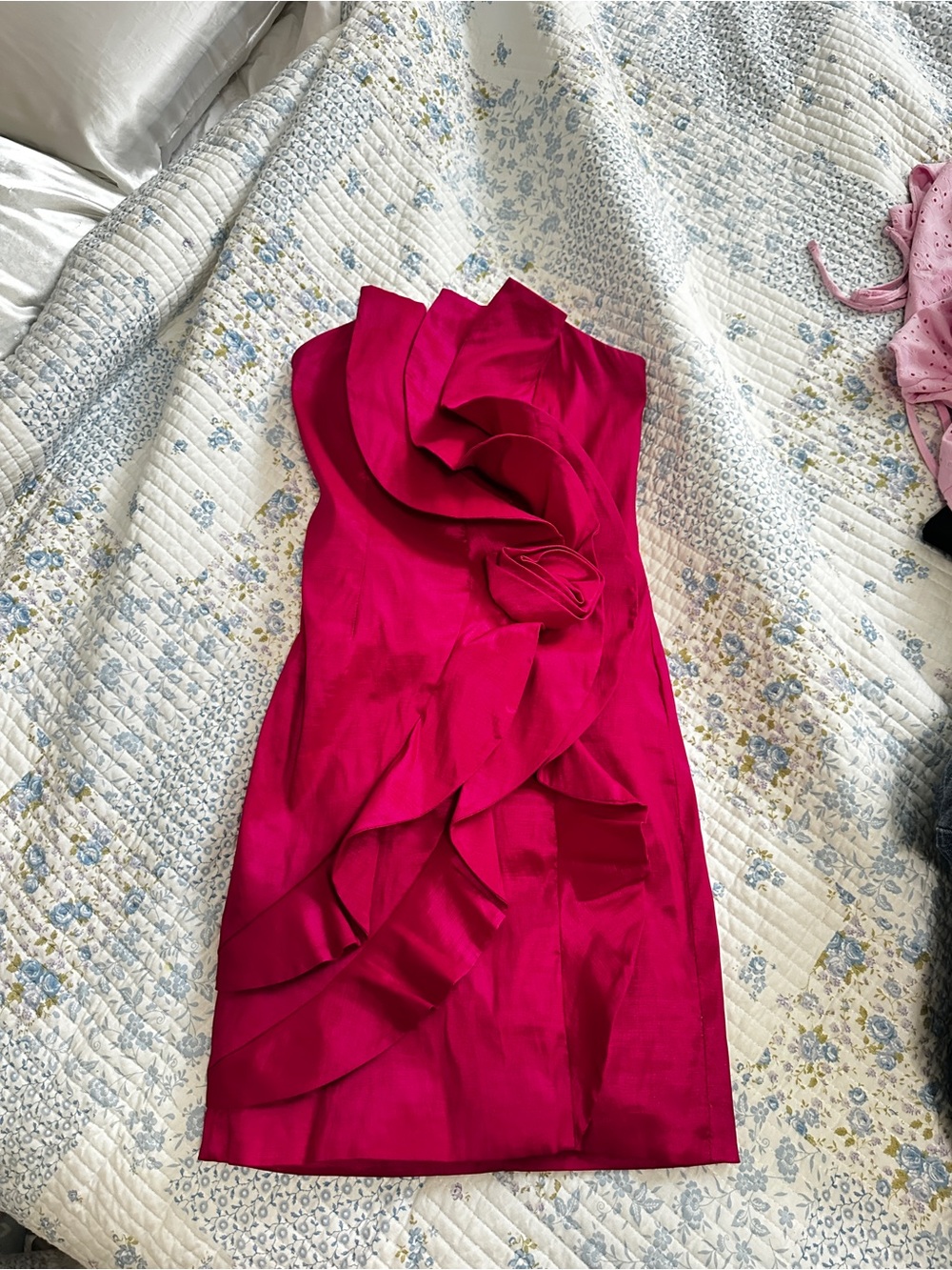 Strapless Fuchsia Ruffle-Front Cocktail Dress